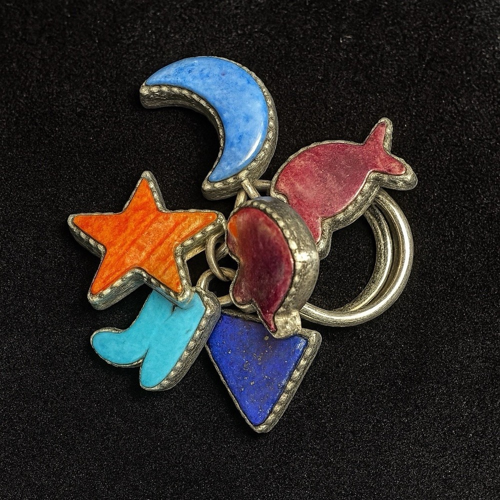 Signed Joan Slifka Sterling Adjustable Charm Ring – 1990s Dyed Inlay Symbols
